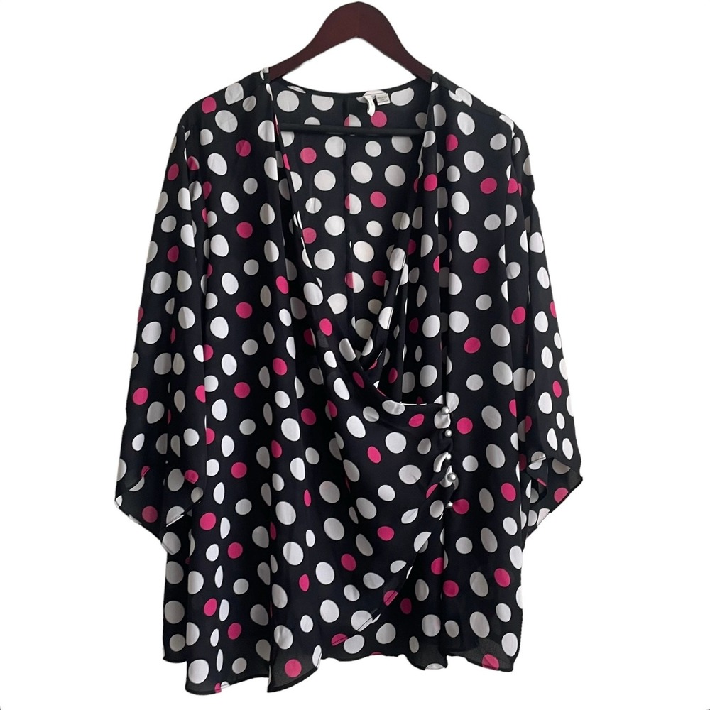 Cato Women Top Wrap Blouse 18/20W‎ Pink Black Polka Dot Surplice V Neck Retro